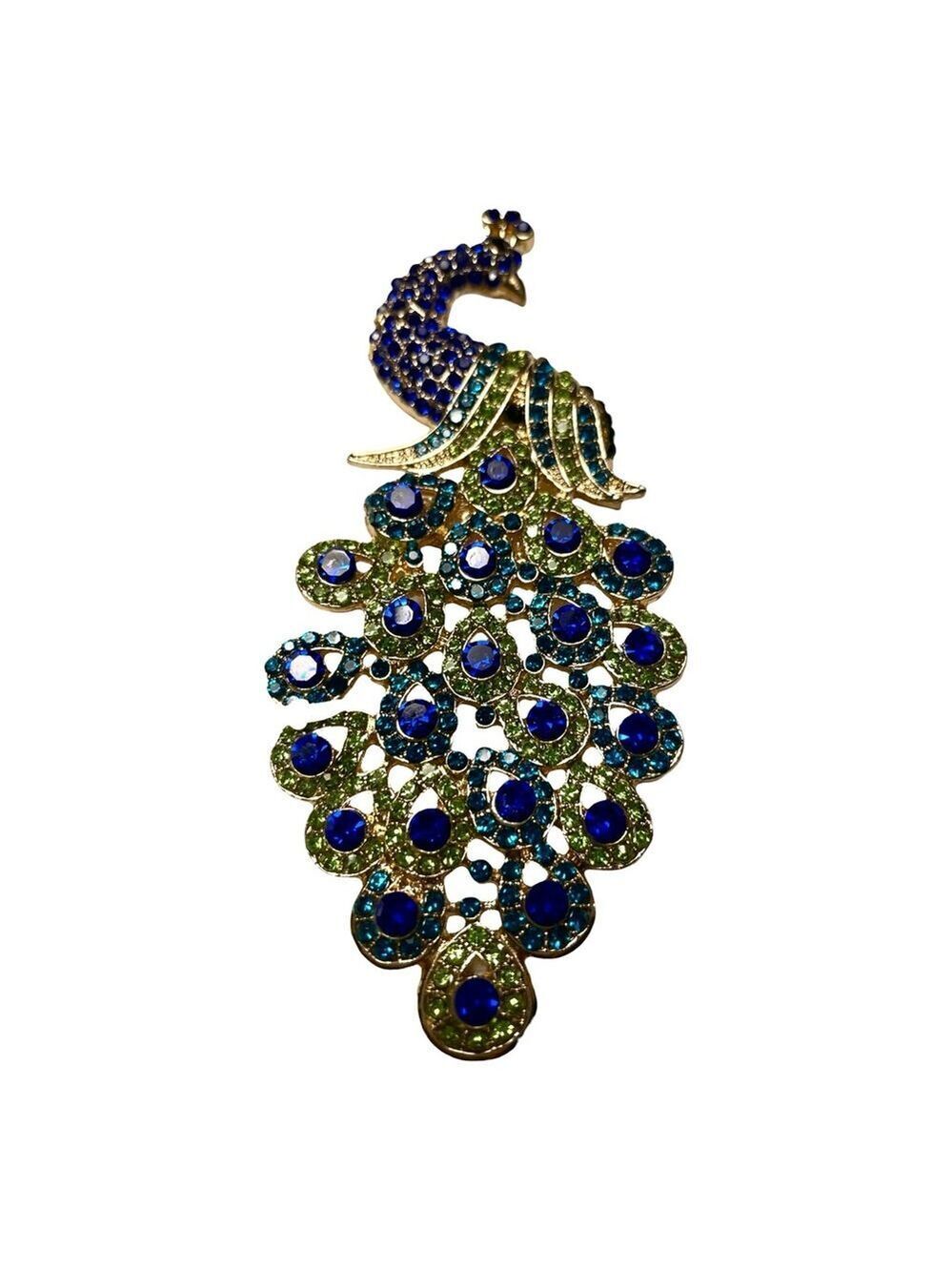 Natasha Couture Vibrant Peacock Brooch, Blue & Green Stones, Goldtone, NWT